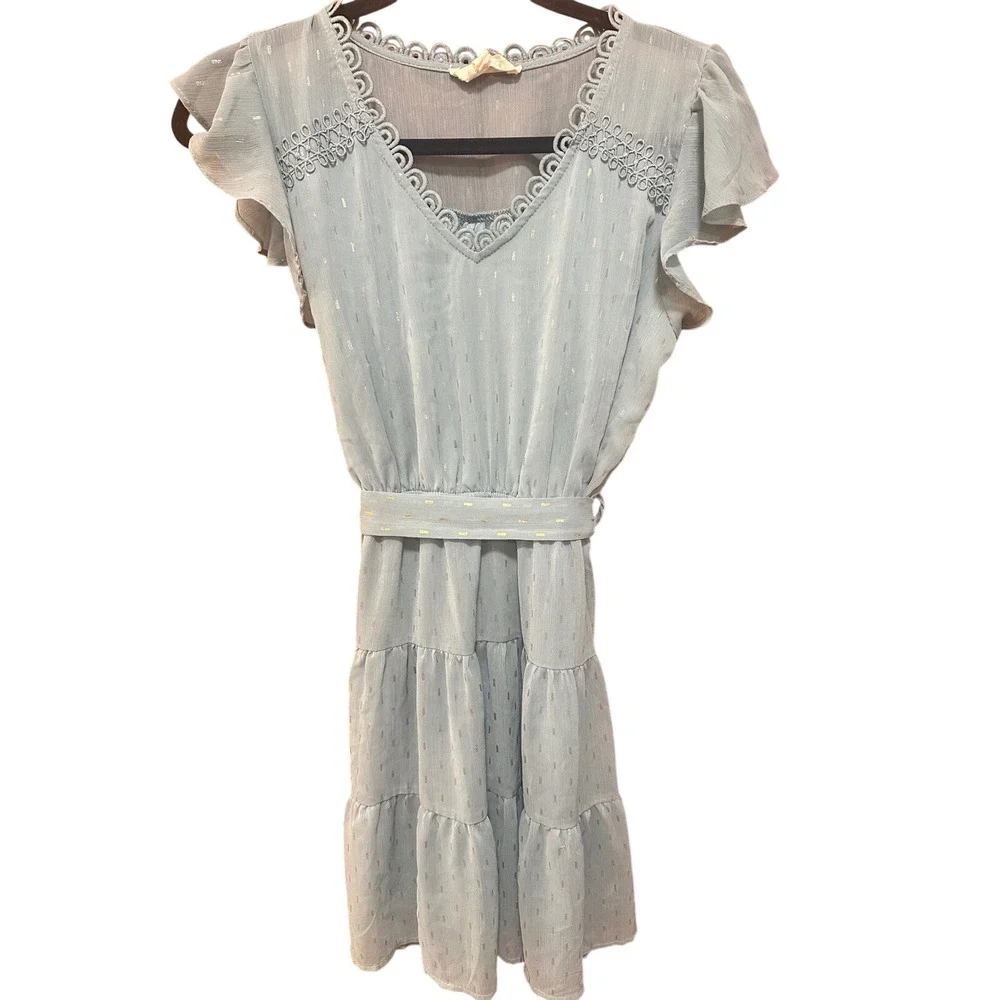 Sweet Wanderer Blue‎ Gold Metallic Clip Dot Crochet Lace Flutter Sleeve  Dress M